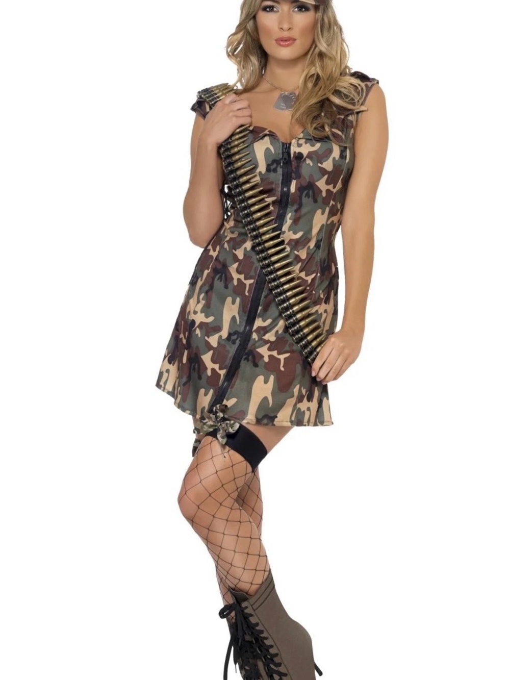 Women's Camouflage Mini Dress with Front Zip - Green Camo